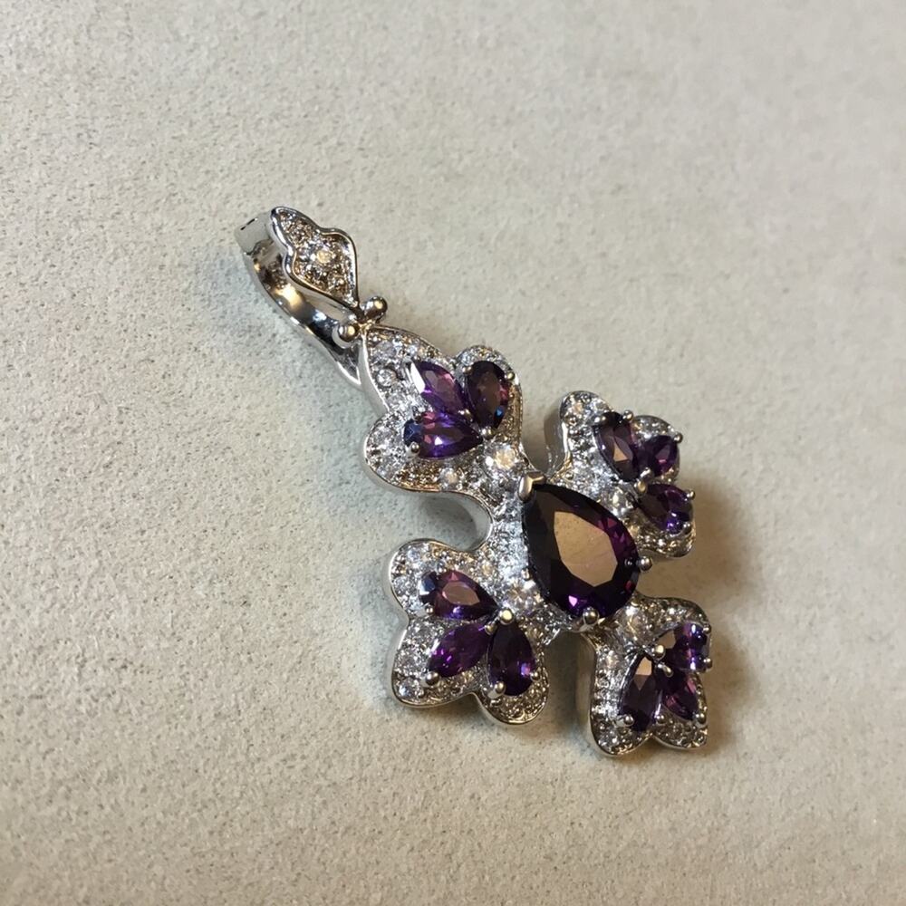 Sterling Silver Purple Crystal Flower Pendant - Picture 6 of 8